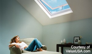 Ceiling view with skylight sunroom. VELUX Electric Venting Skylight